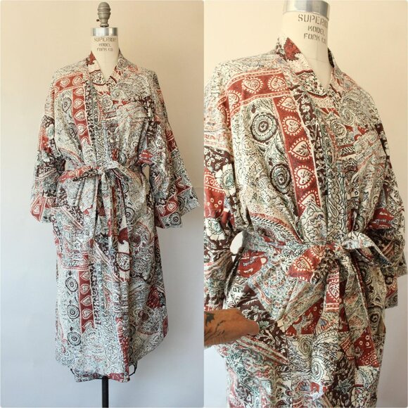 Vintage 1960s 1970s Robe with Pockets, Roytex Terrycloth Housecoat, Tiki Brown - Picture 1 of 10